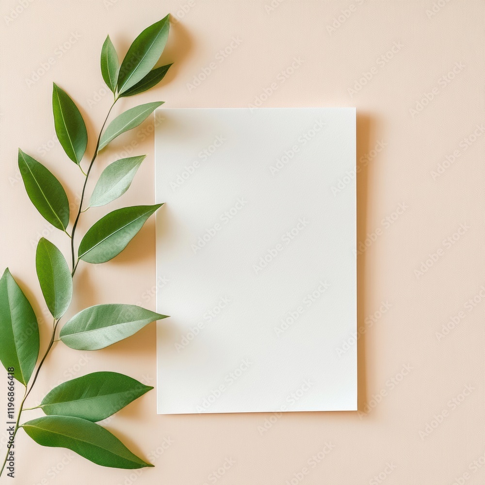Poster blank paper with green leaves on a soft pastel background ideal for creating custom designs or notes