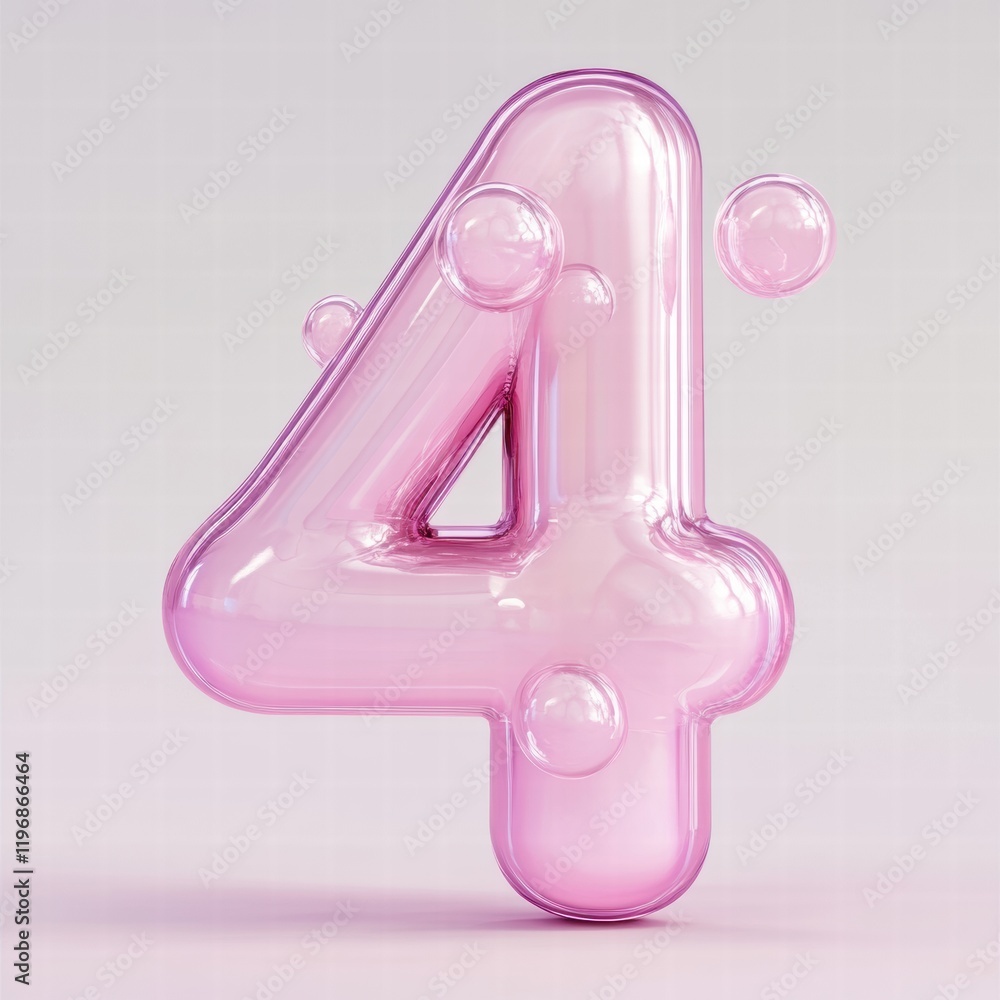 Aufkleber bright pink transparent number four with bubbles in a minimalistic background. generative ai