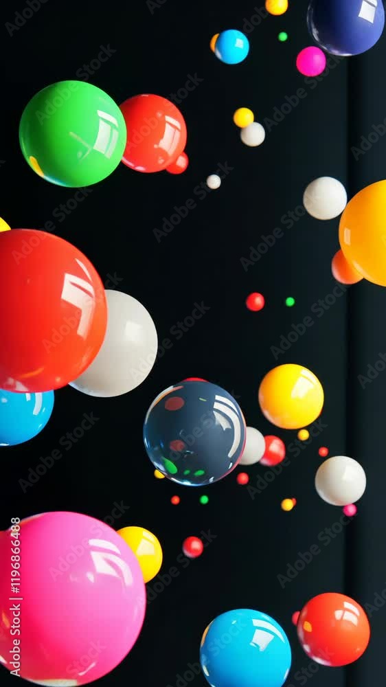 Poster colorful spheres suspended in space creating a vibrant and dynamic atmosphere in a dark setting