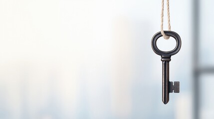 Key hanging on office building blurred background conceptual view