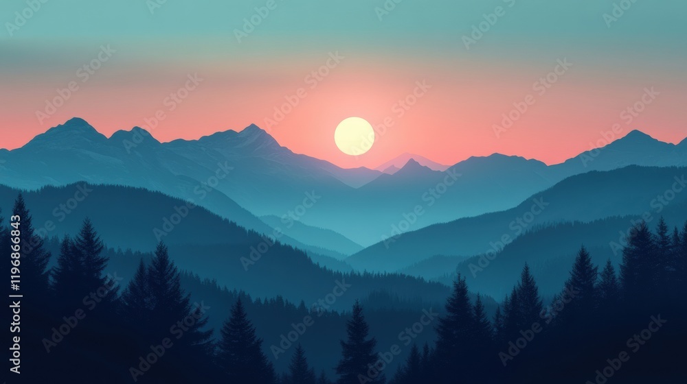 Poster serene mountain sunset over forest landscape with ample space for creative text and design elements.