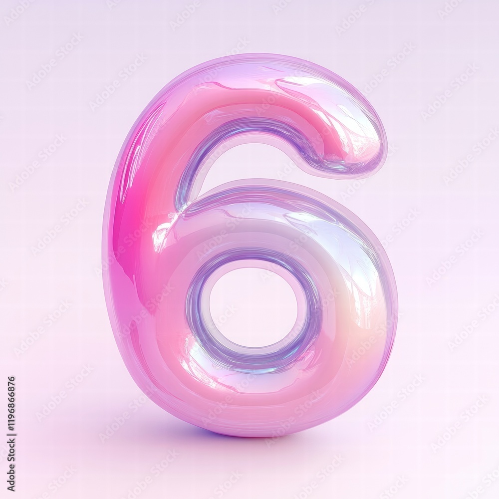 Poster bright pink and purple glossy number six standing on a smooth pastel background reflecting soft ligh