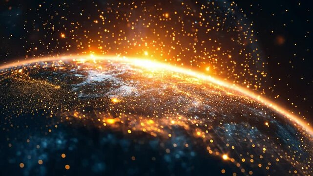 Cosmic Dawn: A stunning abstract image depicting the birth of our planet, a blazing orb emerging from the cosmic void, enveloped in a radiant glow of shimmering particles.