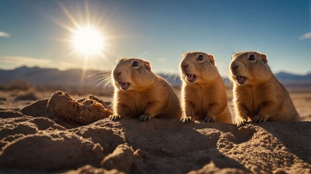 Three prairie dogs vocalizing in a desert landscape under a bright sun.