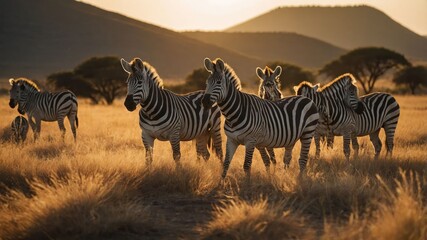 A group of zebras standing in golden grass during sunset in a natural landscape.