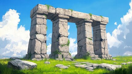 Ancient Stone Structure Against Bright Blue Sky and Clouds
