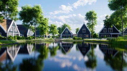 Scenic lakeside village with reflections and lush greenery.