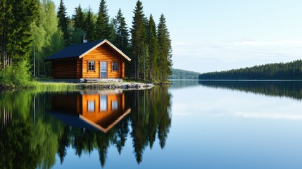 Tranquil lakeside cabin surrounded by lush trees and calm waters.
