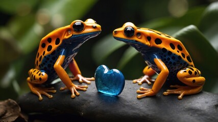 Fototapeta premium Two vibrant frogs with a blue heart in a lush environment, symbolizing love and connection.