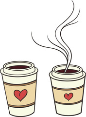 Two Coffee Cups with Heart Designs - Romantic Vector Illustration