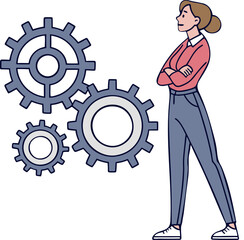 Professional Woman with Gears - Business and Productivity Vector Illustration