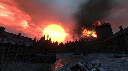 Dramatic sunset over a medieval town with a castle and smoke.
