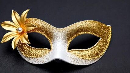 Stunning decorative mask featuring gold glitter and a floral accent ready for masquerade parties or festive celebrations. An elegant addition to any costume or event theme