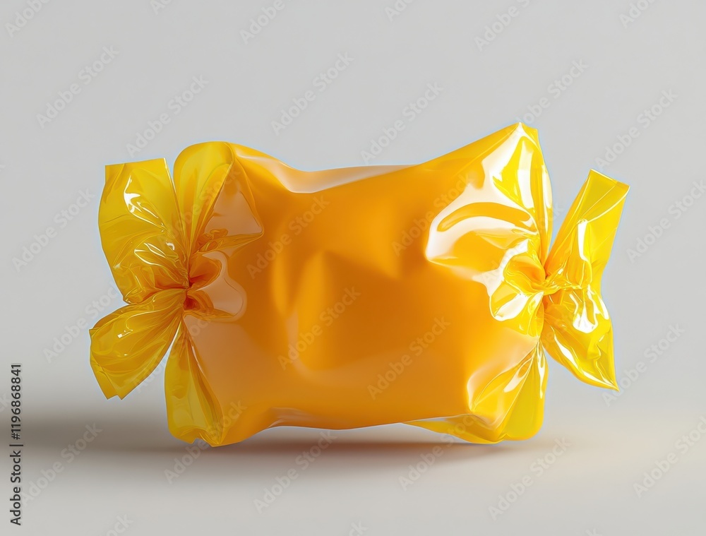 Aufkleber glossy yellow candy wrapper in a minimalist setting with soft lighting, highlighting curves and text