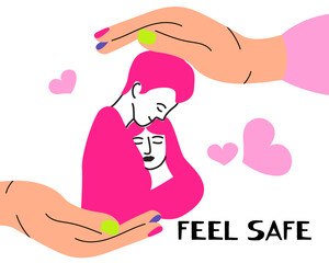 Hands taking care of a young couple. Concept of support and kindness in community.Volunteer share empathy and hope with needy. Help and compassion in life. Flat vector illustration.