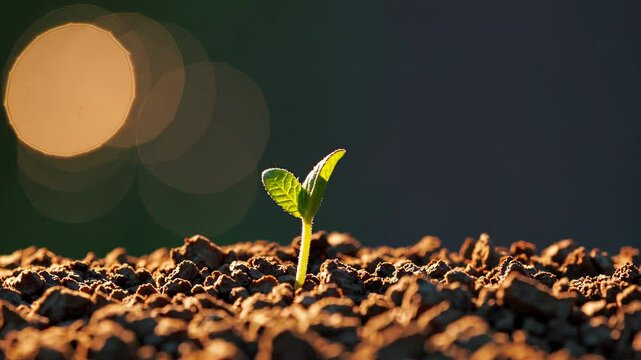 Time-lapse of a zucchini sprout emerging from soil and growing into a vibrant green plant under golden sunlight.