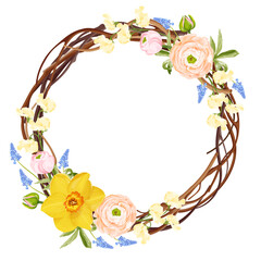Elegant vector spring floral wreath featuring daffodils, muscari, sweet peas, ranunculus, and rosebuds with a natural twig frame. Perfect for seasonal designs, invitations, and decorations.