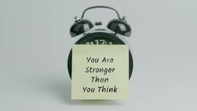You Are Stronger Than You Think Text or Word on Yellow Note Paper Sticking onto Black Alarm Clock on White Background With Sound