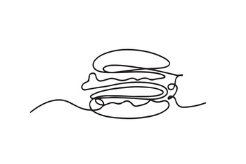Single line drawing of hamburger . Silhouette of fast food restaurant burger with cheese, cutlet and salad.