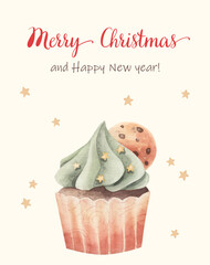 Greeting card with christmas cupcake and whipped cream and cookie. Vector watercolor illustration.