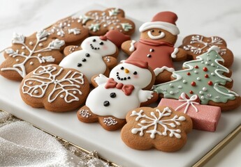 Fototapeta premium Irresistible Festive Gingerbread Cookies Decorated with Icing, Featuring Snowmen, Trees, and Holiday Gifts on a Beautiful Serving Plate