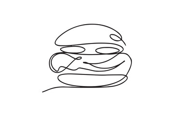 Single line drawing of hamburger . Silhouette of fast food restaurant burger with cheese, cutlet and salad.