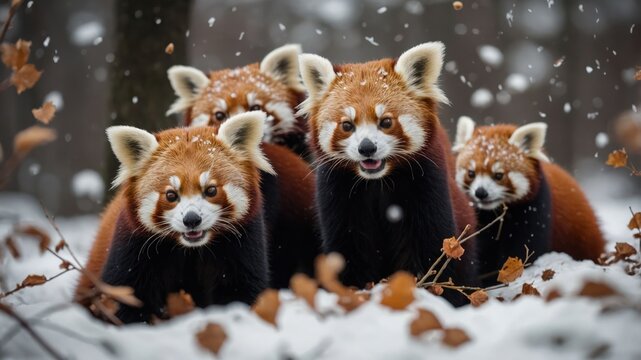 A group of red pandas playfully gathered in a snowy landscape with falling snowflakes.