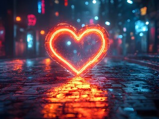 Fototapeta premium Glowing Neon Heart Floating in Futuristic Cityscape with Holographic Lights