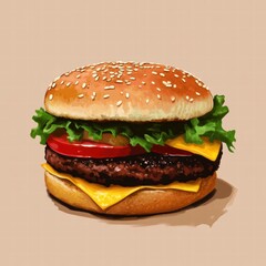 Delicious hamburger with cheese, lettuce, and tomato on a sesame seed bun ready to be enjoyed at lunchtime. Generative AI