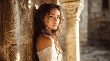 Obraz premium Elegant Woman, Ancient Ruins, Golden Hour, Summer, Portrait, Beauty, Lace Dress, Stone Columns, Sunl
