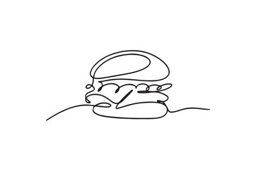 Single line drawing of hamburger . Silhouette of fast food restaurant burger with cheese, cutlet and salad.
