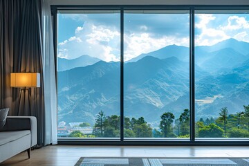 Scenic mountain view through large glass windows in modern interior