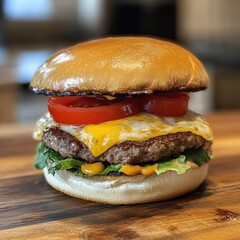 Juicy hamburger with fresh toppings and melted cheese on a wooden table in a bright kitchen setting. Generative AI
