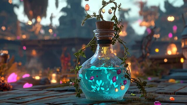 Enchanted glass potion bottle surrounded by glowing flora in a mystical forest setting