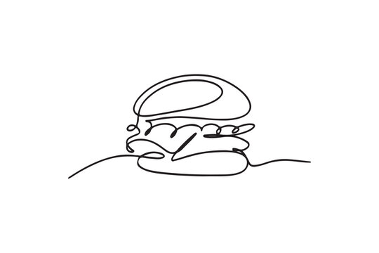 Single line drawing of hamburger . Silhouette of fast food restaurant burger with cheese, cutlet and salad.