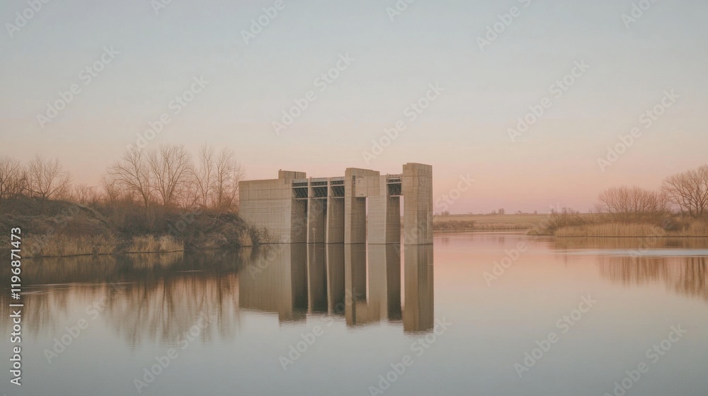 Aufkleber serene concrete structure reflected in calm waters at dusk with bare trees and soft pastel sky in tr