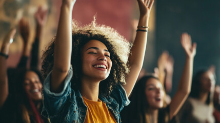 Fototapeta premium People engaged in collective prayer with raised hands during a spiritual gathering in a vibrant setting