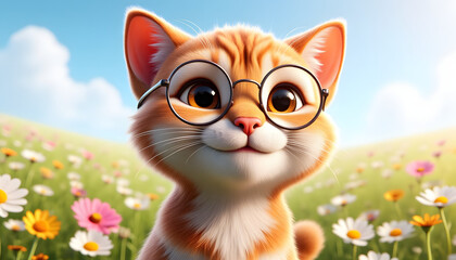 Cartoon style of a cute smiling cat wearing round glasses in a vibrant flower field