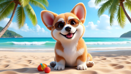 Cartoon style of a funny corgi dog wearing sunglasses on a sunny beach