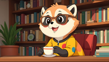 Cartoon style of a funny panda in square glasses wearing a colorful shirt, smiling and holding a cup of tea in a cozy room with bookshelves
