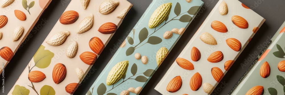 Poster diverse assortment of almond and cocoa themed packaging displayed creatively on a neutral background