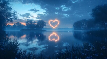 Glowing Heart Shaped Constellation Reflected on Serene Lake at Twilight