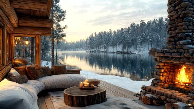 Lakeside cabin with outdoor fireplace and cozy seating in a snowy forest, seamless looping 4k time-lapse animation video background
