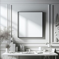Fototapeta premium empty wooden picture frames with blank white canvases hanging on the wall, empty space in the middle of each frame for text or design to be placed inside.
