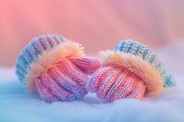 Tiny baby mittens on a pastel background