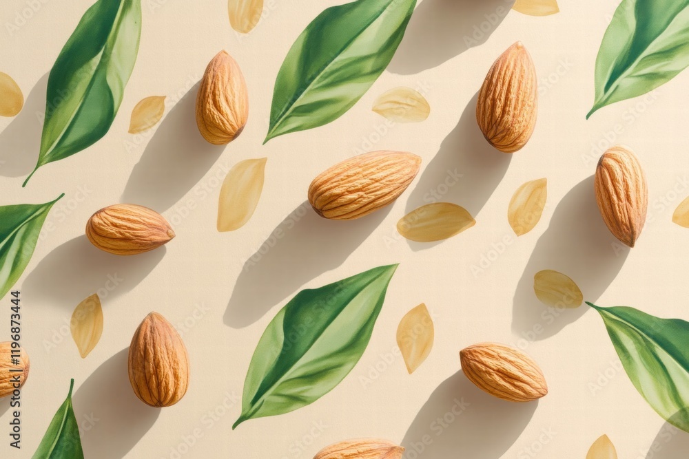 Poster various almonds and leaves arranged on a soft cream background creating an abstract natural pattern.
