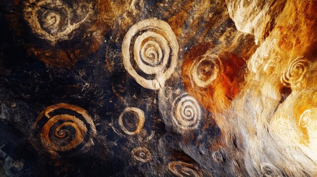 Ancient Cave Art Spirals, Petroglyphs, Rock Paintings, Prehistoric, History, Heritage, Ochre, Textur