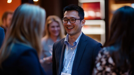 Businesspeople engage in networking conversation at professional event in evening atmosphere