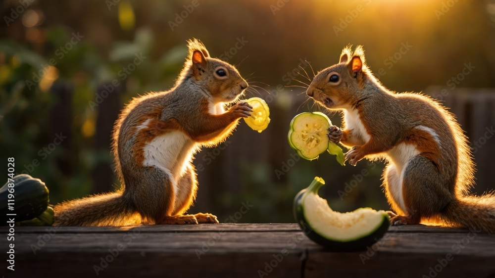 Poster two squirrels interacting with slices of cucumber at sunset.