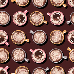 Seamless pattern with a cup of coffee and coffee beans. Repeating texture with hot coffee beverage for fabric, wallpaper, paper, etc.